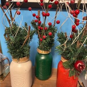Mason Jars Holiday Decor Set 3 Red, Green, Cream Golden Harvest